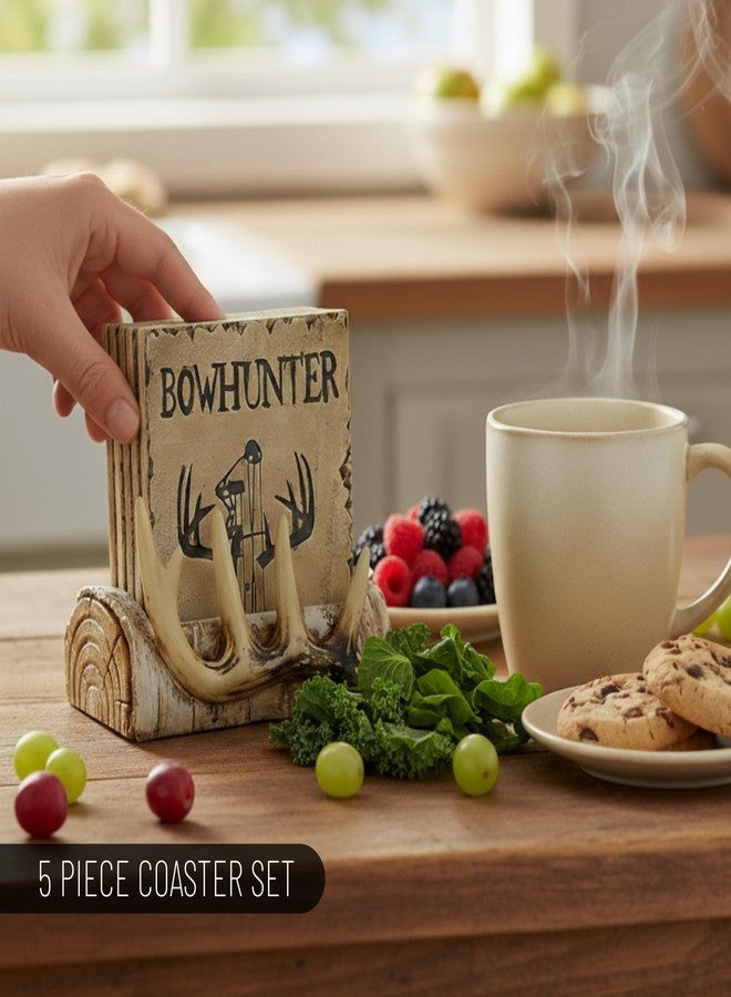 Pine Ridge Home Antler Wood Log Coaster Set with Holder - Bow Hunter Country Absorbent Coaster - Cabin Lodge Home Decor for Hunter Men - Man Cave Coasters Rustic Wood Decor Accent - Image 4
